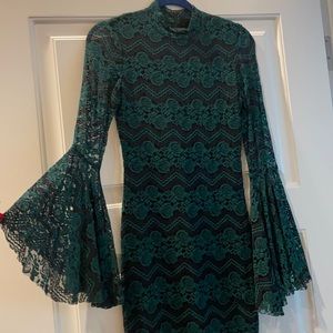 Bloomingdales Emerald green and black lace mini dress